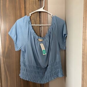 Blue Smocked Ruched Short Sleeve Blouse